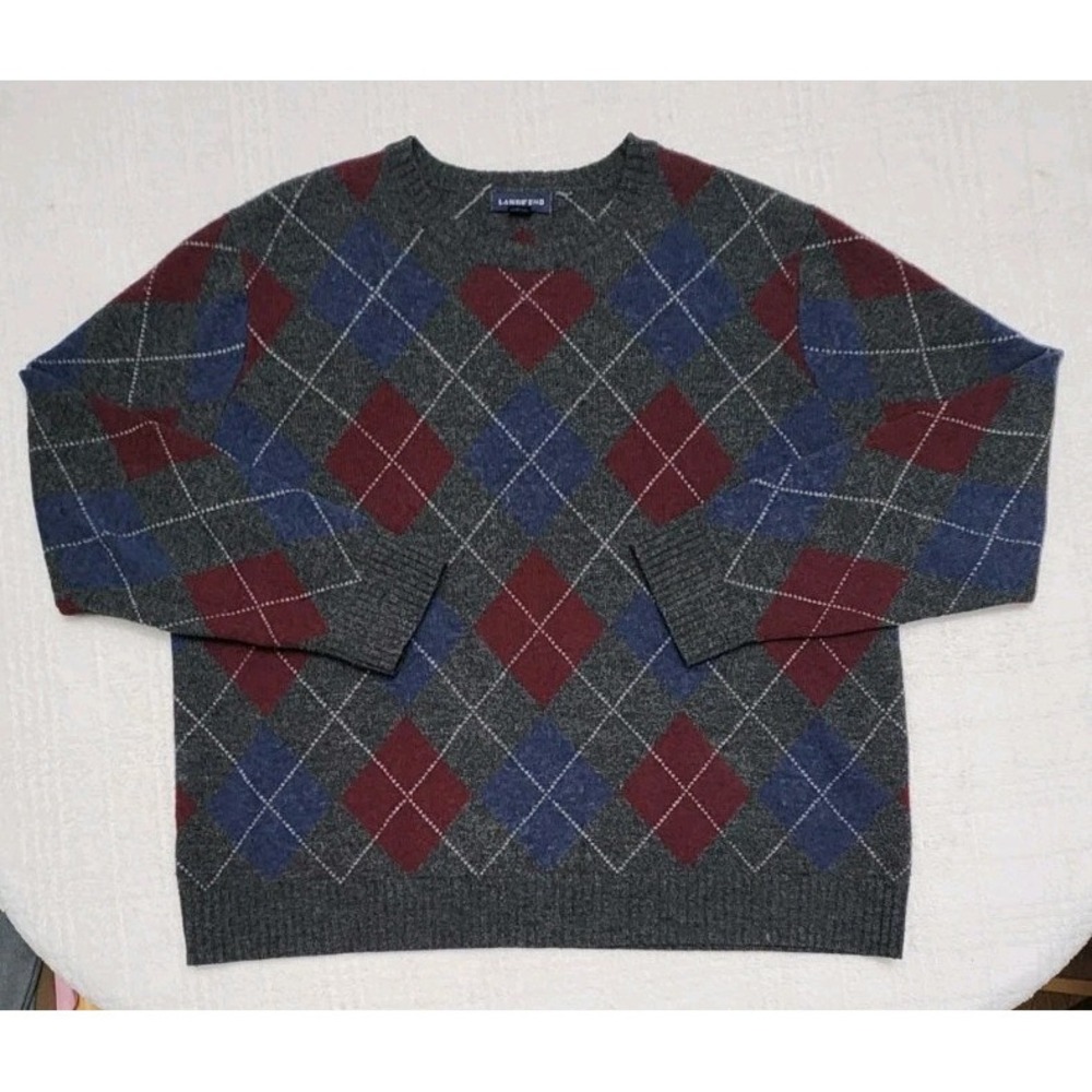 Lands End Mens XL Sweater Gray Argyle 100% Lamb's‎ Wool Crewneck